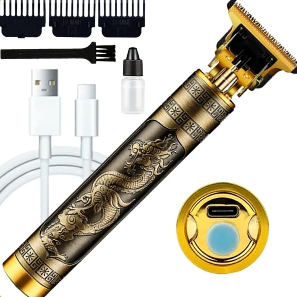 Gold Hair Clippers For Men Cordless T9 Trimmer, Zerogapped Precision Blades, Usb Fast Charging, Dragon Design