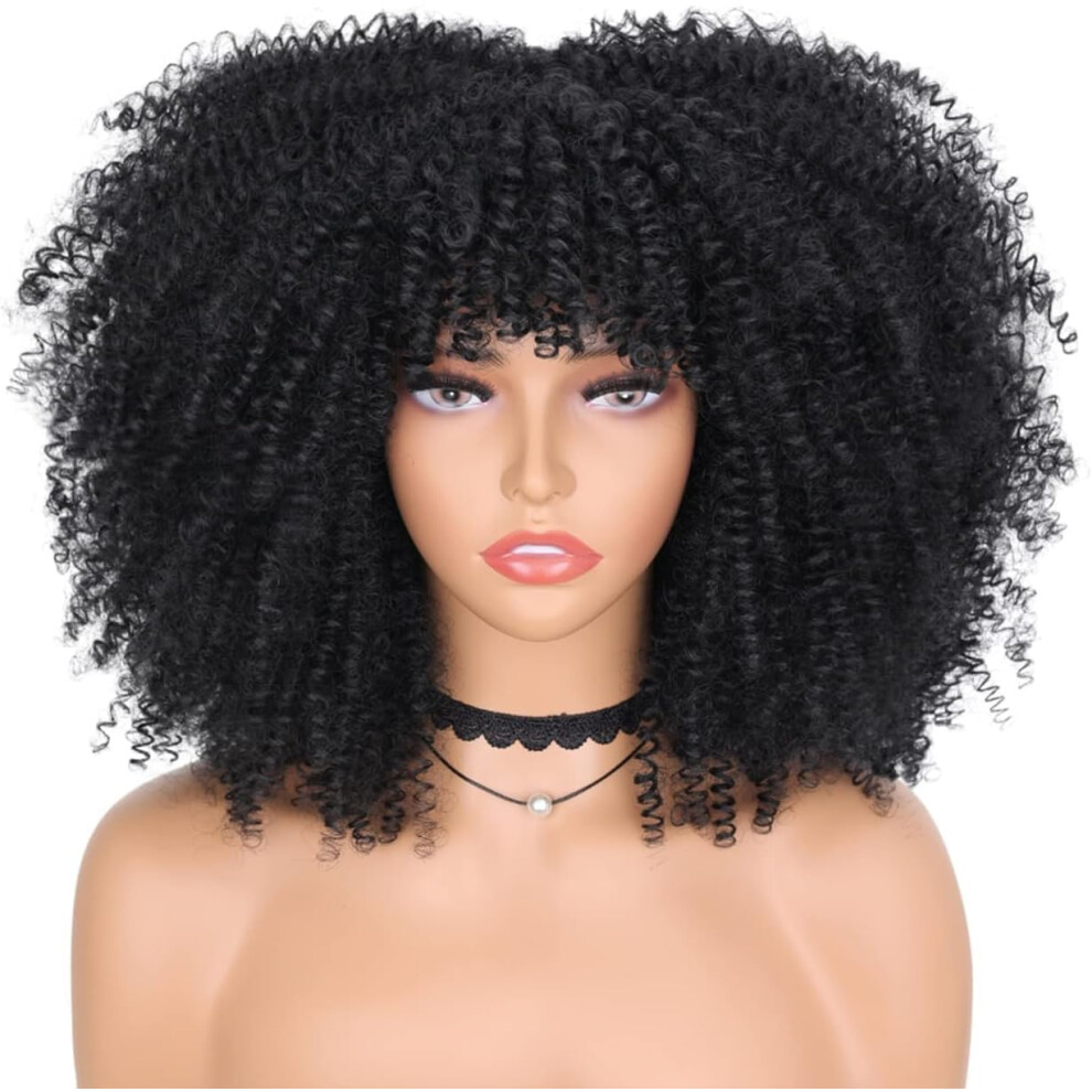 Unisex Black Afro Curly Wig With Bangs For Women, Synthetic Kinky Curly Wig, Natural Hair Texture