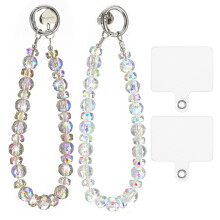 2pcs Crystal Beaded Phone Charm Bracelet with Tether Tab, Sparkling Wrist Strap for Women, Deep Purple and Transparent