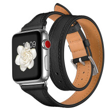 Leather Double Tour Band Black Strap 38mm 40mm 41mm for Apple Watch Series 9 8 7 6 SE