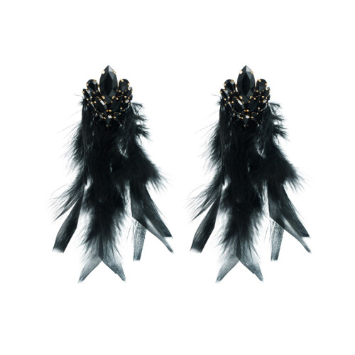 Boucles D'oreilles Longues Strass Fleur Et Plume Styles-Noir