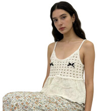 Women Ruffle Lace Tank Top with Bows Accent Hollow-apricot B6