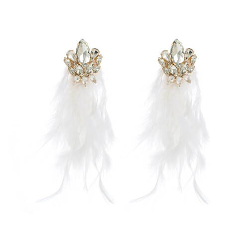 Bohemian Feather Dangle Earrings With Crystals Flower-White