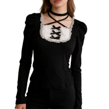 Modern Lace Ruffle Accent Tie Detail Pullover Casual Top For-L