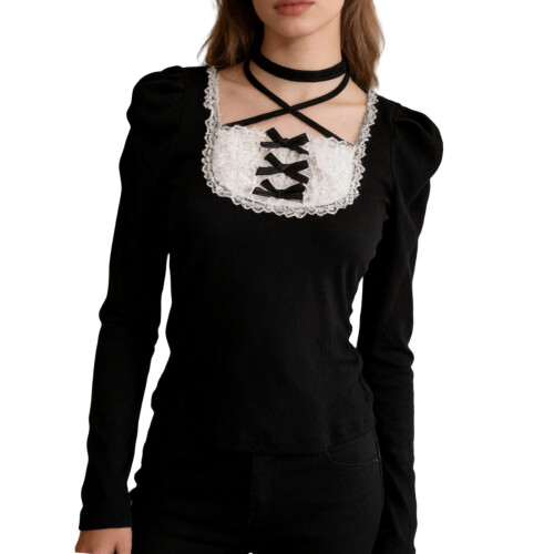 Modern Lace Ruffle Accent Tie Detail Pullover Casual Top For-L