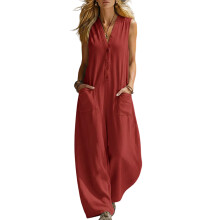 Women's Summer Romper With Pockets Sleeveless V Neck-Red S