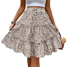 Women's Printed Ruffled Elastic HighTie-Belt Skirt-White XL