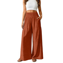 Smocked Linen Pants Women Baggy Flowy Wide Leg-brick red L