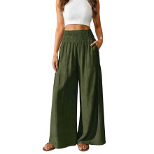 Smocked Linen Pants Women Baggy Flowy Wide Leg-Army Green M