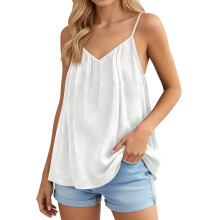 Womens Spaghetti Strap Tank Top V Neck Loose Casual-White XL
