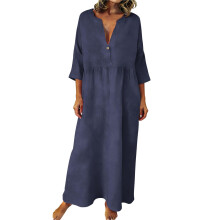 Women Bohemian Cotton Linen Dresses 3/4 Sleeve Maxi-Navy Blue L