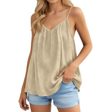 Womens Spaghetti Strap Tank Top V Neck Loose Casual-Beige L
