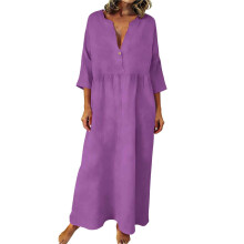 Women Bohemian Cotton Linen Dresses 3/4 Sleeve Maxi-Purple XXL