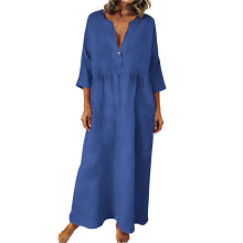 Women Bohemian Cotton Linen Dresses 3/4 Sleeve Maxi-Blue XL