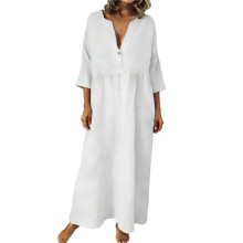 Women Bohemian Cotton Linen Dresses 3/4 Sleeve Maxi-White XL