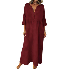 Women Bohemian Cotton Linen Dresses 3/4 Sleeve Maxi-Burgundy XL