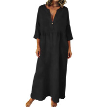 Women Bohemian Cotton Linen Dresses 3/4 Sleeve Maxi-Black XXL