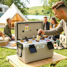 Outsunny 42.6L Insulated Cool Box, Portable Ice Cooler with Handle, Khaki