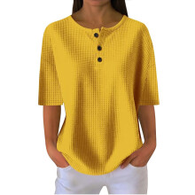 Women's Short Sleeve Knit Shirts Casual Loose Button-Yellow L