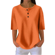 Women's Short Sleeve Knit Shirts Casual Loose Button-Orange M
