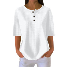 Women's Short Sleeve Knit Shirts Casual Loose Button-White L