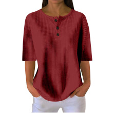 Women's Short Sleeve Knit Shirts Casual Loose Button-Red XL