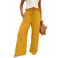 Women's Linen Pants Drawstring Wide Leg Trousers Loose-Yellow M