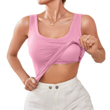 Built in Bra Top for Women Workout U Neck Top Casual -Pink M