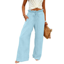 Women's Linen Pants Drawstring Wide Leg Trousers-Light Blue M