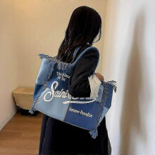 (blue) Spacious Beach Tote with Handmade Tassels, Stylish Denim Bag Featuring Trendy Prints