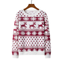 (M, Red) Cartoon Deer Print Sweatshirt Christmas Round Neck Long Sleeve T-shirt for Women