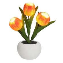 (Orange) LED Tulips Lamp Dimmable Artificial Flower with Vase Table Lamp USB Powered Bedside Lamp Present for Women Mom