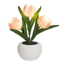 (Pink) LED Tulips Lamp Dimmable Artificial Flower with Vase Table Lamp USB Powered Bedside Lamp Present for Women Mom