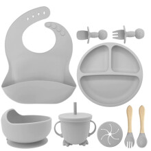 (Smoky Gray) 9pcs Baby Silicone Essential Set Anti-fall Suction Cup Bowl Child Complementary Food Tableware Dinner Plate Baby Weaning Supplies