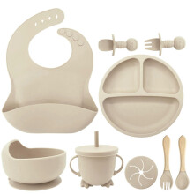 (Beige) 9pcs Baby Silicone Essential Set Anti-fall Suction Cup Bowl Child Complementary Food Tableware Dinner Plate Baby Weaning Supplies