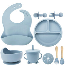 (Gray Blue) 9pcs Baby Silicone Essential Set Anti-fall Suction Cup Bowl Child Complementary Food Tableware Dinner Plate Baby Weaning Supplies