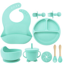 (Mint Green) 9pcs Baby Silicone Essential Set Anti-fall Suction Cup Bowl Child Complementary Food Tableware Dinner Plate Baby Weaning Supplies
