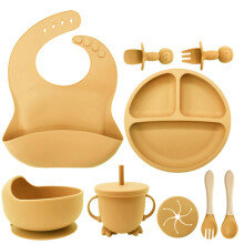 (Ginger Yellow) 9pcs Baby Silicone Essential Set Anti-fall Suction Cup Bowl Child Complementary Food Tableware Dinner Plate Baby Weaning Supplies