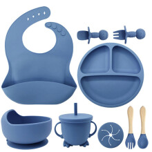 (Dark Blue) 9pcs Baby Silicone Essential Set Anti-fall Suction Cup Bowl Child Complementary Food Tableware Dinner Plate Baby Weaning Supplies