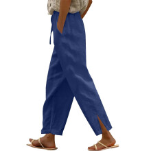 Linen Pants for Women Elastic High Waist Split Hem-Navy Blue L