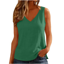 Women V Neck Casual Curved Sleeveless Loose Fit-Green XL