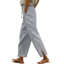 Linen Pants for Women Elastic High Waist Split Hem-Gray S