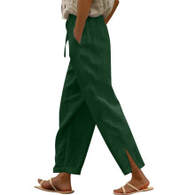 Linen Pants for Women Elastic High Waist Split Hem-Green S