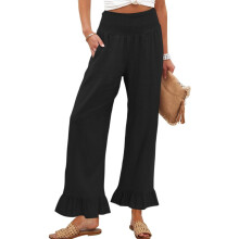Women's Elegant Linen Trousers Ruffled Trim Smocked-Black XL