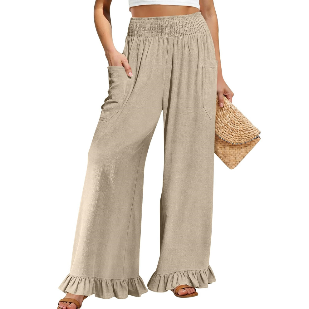 Women Wide Leg Ruffle  Pants Elastic High  Flowy-Apricot XXL