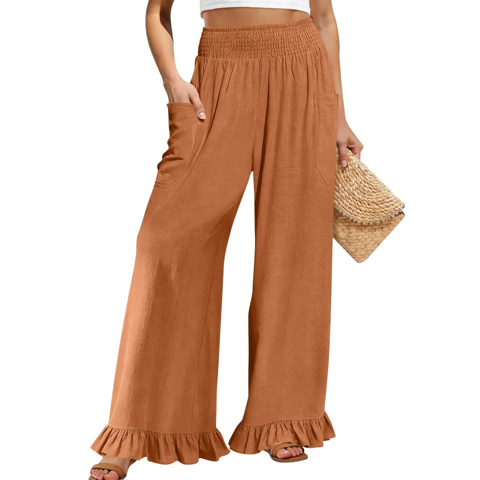 Women Wide Leg Ruffle  Pants Elastic High  Flowy-Orange XL