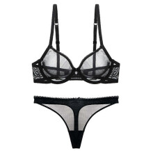 (75D, black) Ultra-thin Cup, Mesh Lace Underwear, Unlined Bra Panties Set