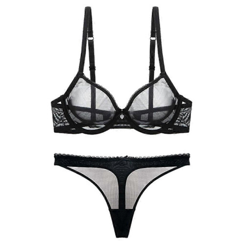 (75D, black) Ultra-thin Cup, Mesh Lace Underwear, Unlined Bra Panties Set