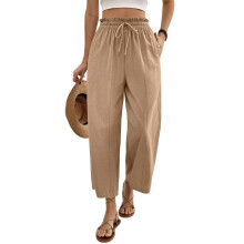 Cropped Linen Wide Leg Pants for Women Summer Casual-Khaki L