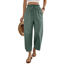 Cropped Linen Wide Leg Pants for Women Summer Casual-Green S
